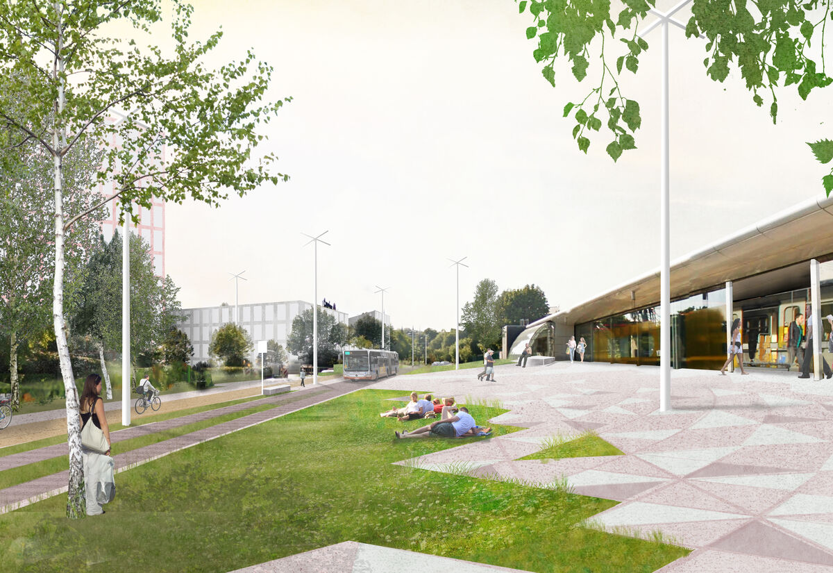 Demey : une esplanade conviviale à la sortie du métro, des espaces publics et verts donnant place aux modes actifs